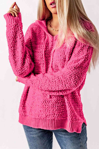 Shop Popcorn Knit Slit Hooded Sweater Now On Klozey Store - Trendy U.S. Premium Women Apparel & Accessories And Be Up-To-Fashion!
