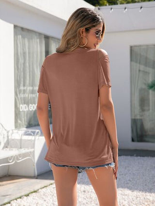 Shop Decorative Button Round Neck Cold Shoulder T-Shirt Now On Klozey Store - Trendy U.S. Premium Women Apparel & Accessories And Be Up-To-Fashion!