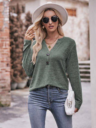 Shop Double Take Buttoned Notched Neck Long Sleeve Top Now On Klozey Store - Trendy U.S. Premium Women Apparel & Accessories And Be Up-To-Fashion!