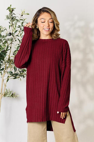 Shop Basic Bae Full Size Ribbed Round Neck Long Sleeve Slit Top Now On Klozey Store - Trendy U.S. Premium Women Apparel & Accessories And Be Up-To-Fashion!