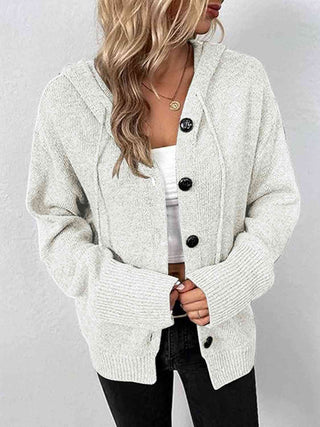 Shop Button Up Drawstring Long Sleeve Hooded Cardigan Now On Klozey Store - Trendy U.S. Premium Women Apparel & Accessories And Be Up-To-Fashion!