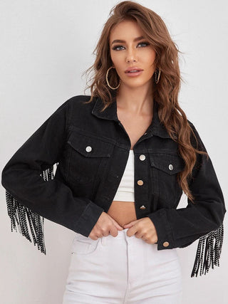Shop Fringe Detail Collared Neck Cropped Denim Jacket Now On Klozey Store - Trendy U.S. Premium Women Apparel & Accessories And Be Up-To-Fashion!