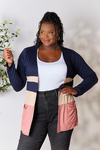 Shop e.Luna Full Size Color Block Contrast Open Cardigan Now On Klozey Store - Trendy U.S. Premium Women Apparel & Accessories And Be Up-To-Fashion!