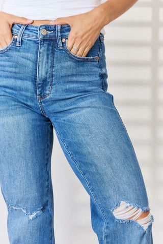 Shop Judy Blue Full Size High Waist Distressed Straight-Leg Jeans Now On Klozey Store - Trendy U.S. Premium Women Apparel & Accessories And Be Up-To-Fashion!