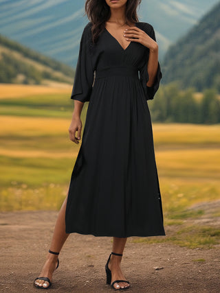 Shop Slit V-Neck Long Sleeve Midi Dress Now On Klozey Store - Trendy U.S. Premium Women Apparel & Accessories And Be Up-To-Fashion!