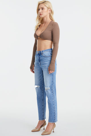 Shop BAYEAS High Waist Distressed Cat's Whiskers Washed Straight Jeans Now On Klozey Store - Trendy U.S. Premium Women Apparel & Accessories And Be Up-To-Fashion!