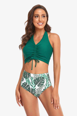 Shop Botanical Print Halter Neck Drawstring Detail Bikini Set Now On Klozey Store - Trendy U.S. Premium Women Apparel & Accessories And Be Up-To-Fashion!