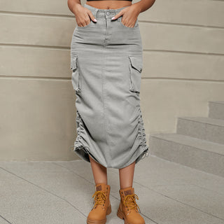 Shop Drawstring Ruched Slit Denim Midi Skirt Now On Klozey Store - Trendy U.S. Premium Women Apparel & Accessories And Be Up-To-Fashion!