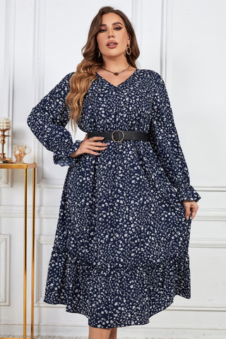 Shop Plus Size Floral Print V-Neck Flounce Sleeve Midi Dress Now On Klozey Store - Trendy U.S. Premium Women Apparel & Accessories And Be Up-To-Fashion!