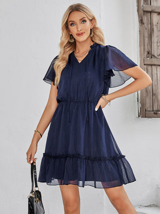 Shop Frill Trim Tie Neck Flutter Sleeve Dress Now On Klozey Store - Trendy U.S. Premium Women Apparel & Accessories And Be Up-To-Fashion!