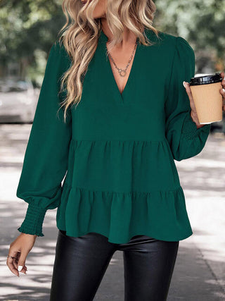 Shop Notched Neck Lantern Sleeve Blouse Now On Klozey Store - Trendy U.S. Premium Women Apparel & Accessories And Be Up-To-Fashion!