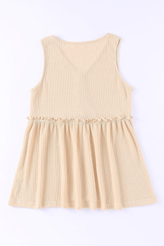 Shop Decorative Button V-Neck Waffle-Knit Babydoll Tank Now On Klozey Store - Trendy U.S. Premium Women Apparel & Accessories And Be Up-To-Fashion!
