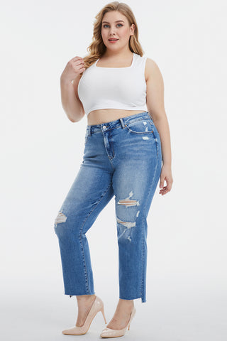 Shop BAYEAS Full Size Mid Waist Distressed Ripped Straight Jeans Now On Klozey Store - Trendy U.S. Premium Women Apparel & Accessories And Be Up-To-Fashion!