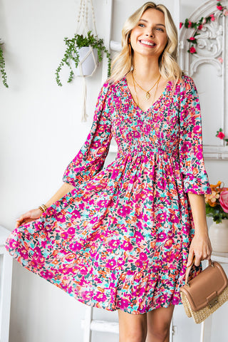 Shop Floral Smocked V-Neck Flounce Sleeve Dress Now On Klozey Store - Trendy U.S. Premium Women Apparel & Accessories And Be Up-To-Fashion!