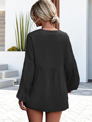 Shop V-Neck Buttoned Balloon Sleeve Blouse Now On Klozey Store - Trendy U.S. Premium Women Apparel & Accessories And Be Up-To-Fashion!