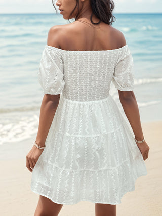 Shop Smocked Eyelet Off-Shoulder Mini Dress Now On Klozey Store - Trendy U.S. Premium Women Apparel & Accessories And Be Up-To-Fashion!