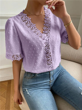 Shop Swiss Dot V-Neck Short Sleeve Blouse Now On Klozey Store - Trendy U.S. Premium Women Apparel & Accessories And Be Up-To-Fashion!