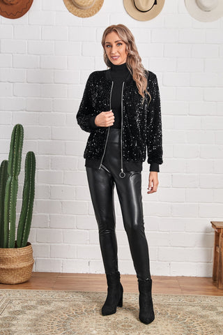 Shop Sequin Baseball Collar Zip Up Jacket Now On Klozey Store - Trendy U.S. Premium Women Apparel & Accessories And Be Up-To-Fashion!