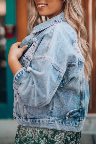 Shop Distressed Drop Shoulder Denim Jacket Now On Klozey Store - Trendy U.S. Premium Women Apparel & Accessories And Be Up-To-Fashion!