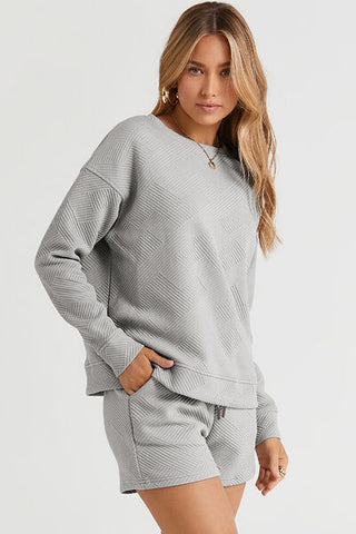 Shop Double Take Full Size Texture Long Sleeve Top and Drawstring Shorts Set Now On Klozey Store - Trendy U.S. Premium Women Apparel & Accessories And Be Up-To-Fashion!