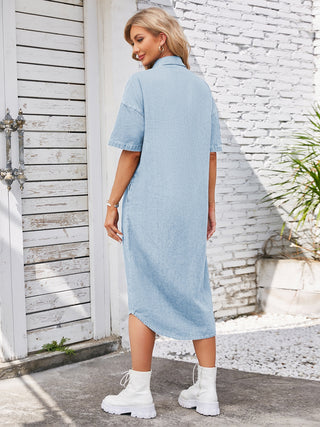 Shop Button Up Dropped Shoulder Denim Dress Now On Klozey Store - Trendy U.S. Premium Women Apparel & Accessories And Be Up-To-Fashion!