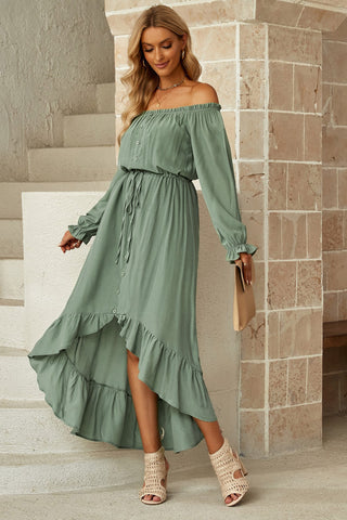 Shop Drawstring Off-Shoulder Flounce Sleeve Dress Now On Klozey Store - Trendy U.S. Premium Women Apparel & Accessories And Be Up-To-Fashion!