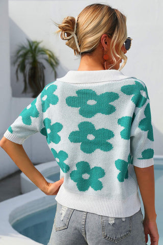 Shop Floral Johnny Collar Half Sleeve Knit Top Now On Klozey Store - Trendy U.S. Premium Women Apparel & Accessories And Be Up-To-Fashion!