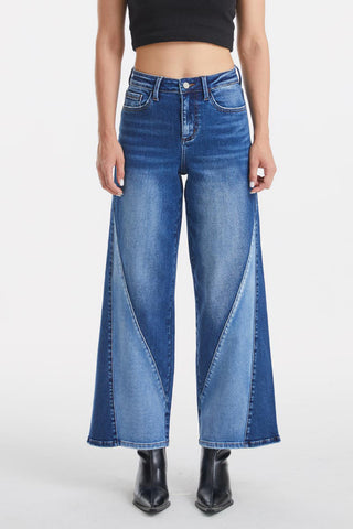 Shop BAYEAS Full Size High Waist Two-Tones Patched Wide Leg Jeans Now On Klozey Store - Trendy U.S. Premium Women Apparel & Accessories And Be Up-To-Fashion!