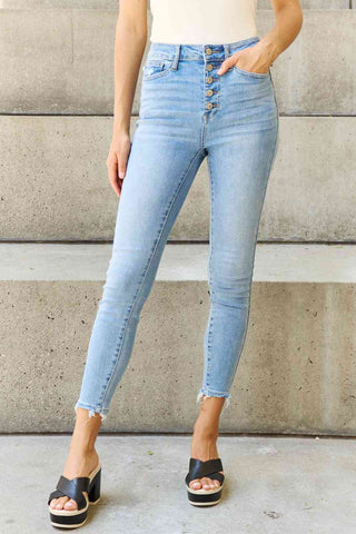 Shop Judy Blue Full Size Button Fly Raw Hem Jeans Now On Klozey Store - Trendy U.S. Premium Women Apparel & Accessories And Be Up-To-Fashion!