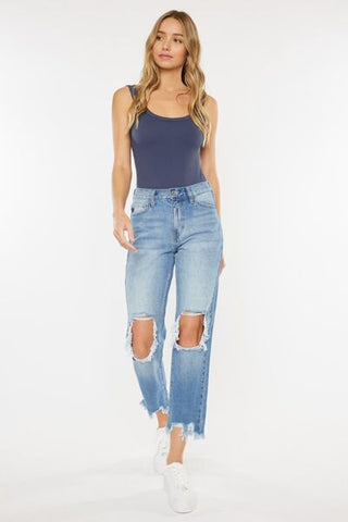Shop Kancan High Waist Chewed Up Straight Mom Jeans Now On Klozey Store - Trendy U.S. Premium Women Apparel & Accessories And Be Up-To-Fashion!