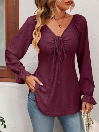 Shop Tie Front V-Neck Puff Sleeve Blouse Now On Klozey Store - Trendy U.S. Premium Women Apparel & Accessories And Be Up-To-Fashion!