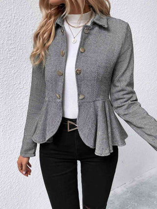 Shop Ruffle Hem Collared Blazer Now On Klozey Store - Trendy U.S. Premium Women Apparel & Accessories And Be Up-To-Fashion!