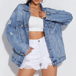 Shop Collared Neck Button-Up Distressed Denim Jacket Now On Klozey Store - Trendy U.S. Premium Women Apparel & Accessories And Be Up-To-Fashion!