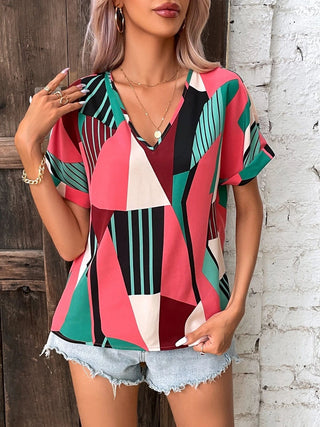 Shop Printed V-Neck Short Sleeve Blouse Now On Klozey Store - Trendy U.S. Premium Women Apparel & Accessories And Be Up-To-Fashion!