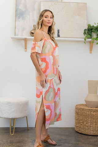 Shop Sew In Love Full Size Printed Side Slit Midi Dress Now On Klozey Store - Trendy U.S. Premium Women Apparel & Accessories And Be Up-To-Fashion!