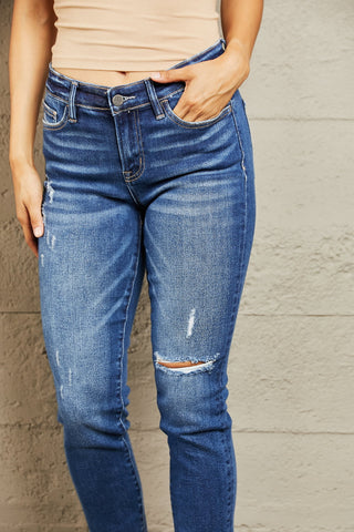 Shop BAYEAS Mid Rise Distressed Slim Jeans Now On Klozey Store - Trendy U.S. Premium Women Apparel & Accessories And Be Up-To-Fashion!
