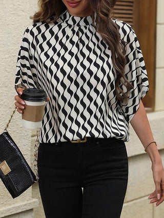 Shop Printed Mock Neck Tie Back Short Sleeve Blouse Now On Klozey Store - Trendy U.S. Premium Women Apparel & Accessories And Be Up-To-Fashion!
