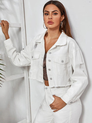 Shop Dropped Shoulder Collared Neck Denim Jacket Now On Klozey Store - Trendy U.S. Premium Women Apparel & Accessories And Be Up-To-Fashion!