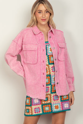 Shop VERY J Full Size Button Up Raw Hem Long Sleeve Jacket Now On Klozey Store - Trendy U.S. Premium Women Apparel & Accessories And Be Up-To-Fashion!