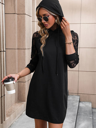 Shop Lace Trim Long Sleeve Hooded Dress Now On Klozey Store - Trendy U.S. Premium Women Apparel & Accessories And Be Up-To-Fashion!