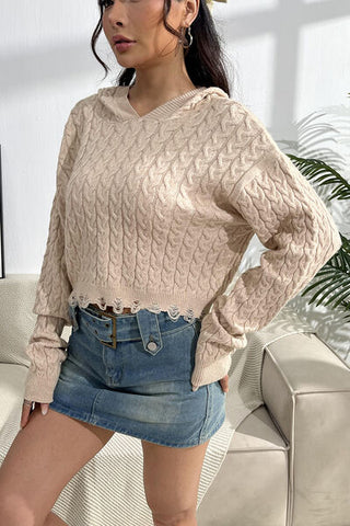 Shop Cable-Knit Dropped Shoulder Hooded Sweater Now On Klozey Store - Trendy U.S. Premium Women Apparel & Accessories And Be Up-To-Fashion!