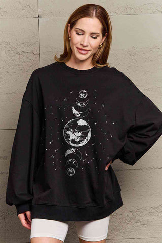 Shop Simply Love Full Size Earth & Moon Graphic Sweatshirt Now On Klozey Store - Trendy U.S. Premium Women Apparel & Accessories And Be Up-To-Fashion!