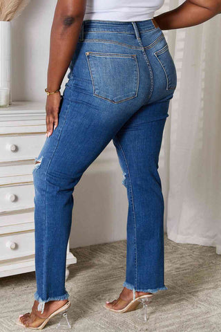 Shop Judy Blue Full Size Distressed Raw Hem Jeans Now On Klozey Store - Trendy U.S. Premium Women Apparel & Accessories And Be Up-To-Fashion!