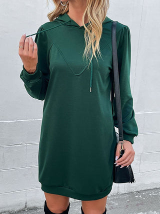 Shop Drawstring Puff Sleeve Hooded Dress Now On Klozey Store - Trendy U.S. Premium Women Apparel & Accessories And Be Up-To-Fashion!