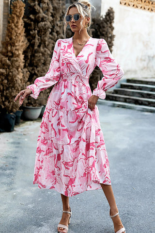 Shop Printed Surplice Neck Flounce Sleeve Midi Dress Now On Klozey Store - Trendy U.S. Premium Women Apparel & Accessories And Be Up-To-Fashion!