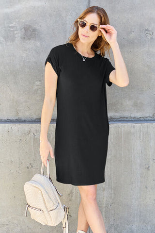 Shop Basic Bae Full Size Round Neck Short Sleeve Dress with Pockets Now On Klozey Store - Trendy U.S. Premium Women Apparel & Accessories And Be Up-To-Fashion!