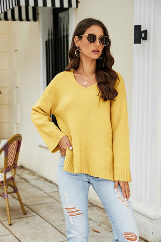 Shop Drop Shoulder V-Neck Knit Pullover Now On Klozey Store - Trendy U.S. Premium Women Apparel & Accessories And Be Up-To-Fashion!