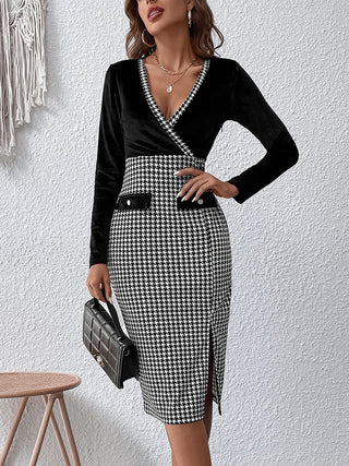 Shop Surplice Neck Houndstooth Dress Now On Klozey Store - Trendy U.S. Premium Women Apparel & Accessories And Be Up-To-Fashion!