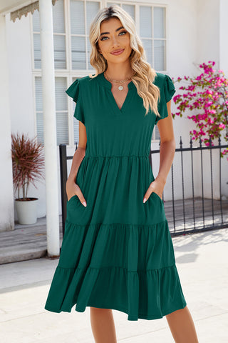 Shop Ruched Notched Cap Sleeve Dress Now On Klozey Store - Trendy U.S. Premium Women Apparel & Accessories And Be Up-To-Fashion!