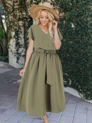 Shop Ruched V-Neck Cap Sleeve Dress Now On Klozey Store - Trendy U.S. Premium Women Apparel & Accessories And Be Up-To-Fashion!